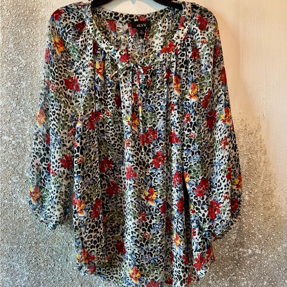 Alyx Red and Multicolor 3/4 Sleeve Tie Front Blouse